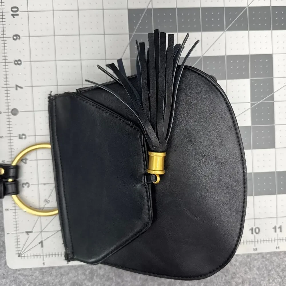 Big Buddha Black Leather Gold Rink Tassel Adjustable Strap Crossbody Bag Purse